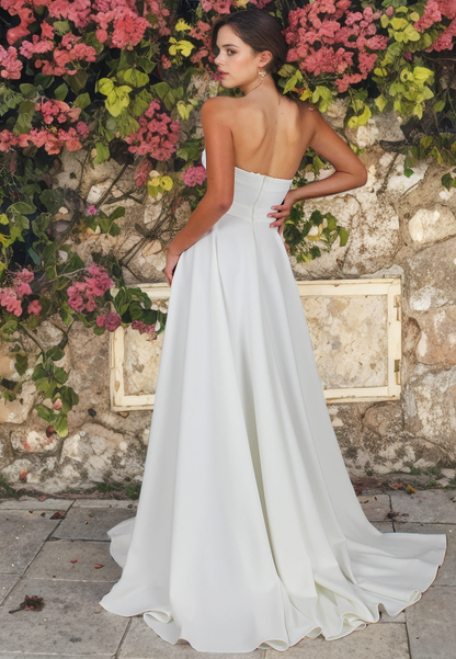 Minimalist Strapless Sweetheart High Slit A-Line Pleated Satin Wedding Dress Sweep Train