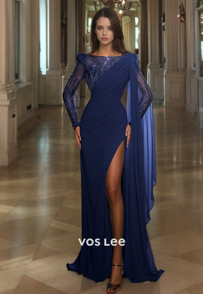 Charming Sheath Bateau Long Sleeves Lace Appliques Draped Tulle Sparkly Prom Dress with Split