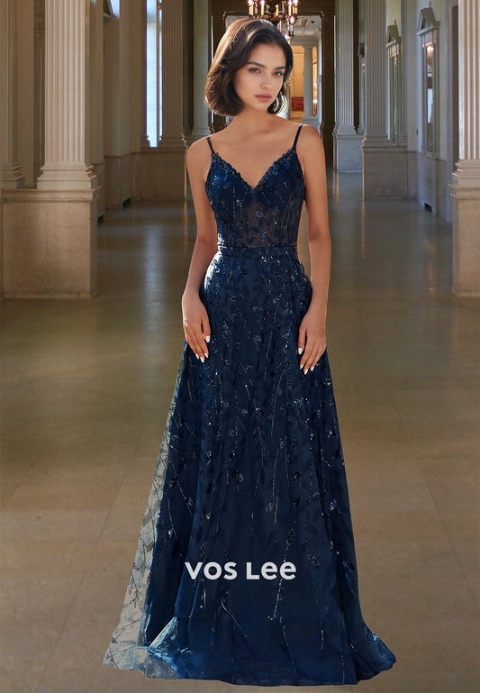 Ornate A-Line V Neck Lace Up Appliques Sleeveless Pleated Prom Formal Dress