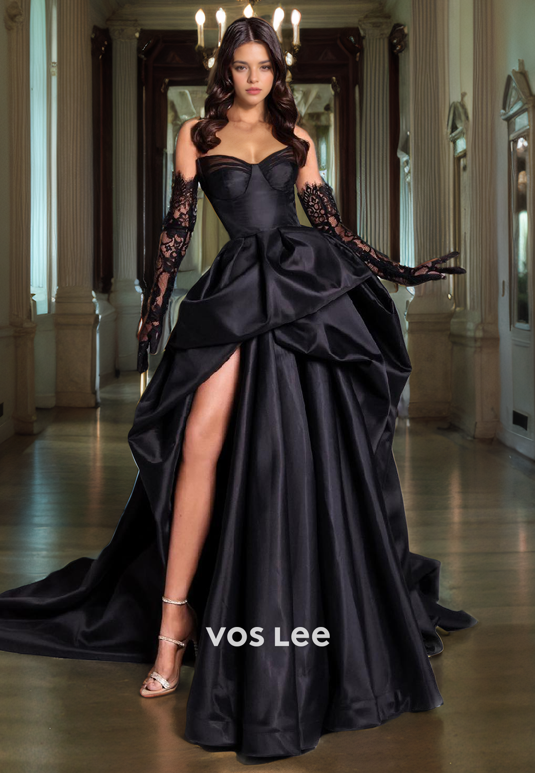 Luxury Strapless A-Line Satin Pageant Dress with High Slit Asymmetrical Black Cocktail Dresses