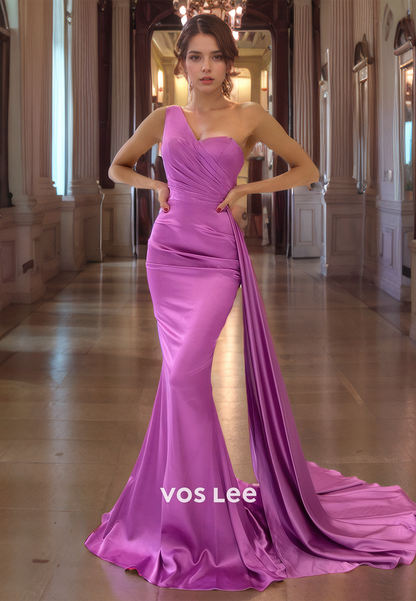 Trumpet/Mermaid One Shoulder Court Train Purple Satin Prom Dress with High Slit