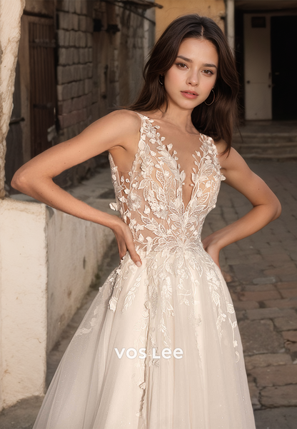 A-Line Appliqued V Neck Backless Bridal Princess Dress Tulle Spaghetti Straps Wedding Dress