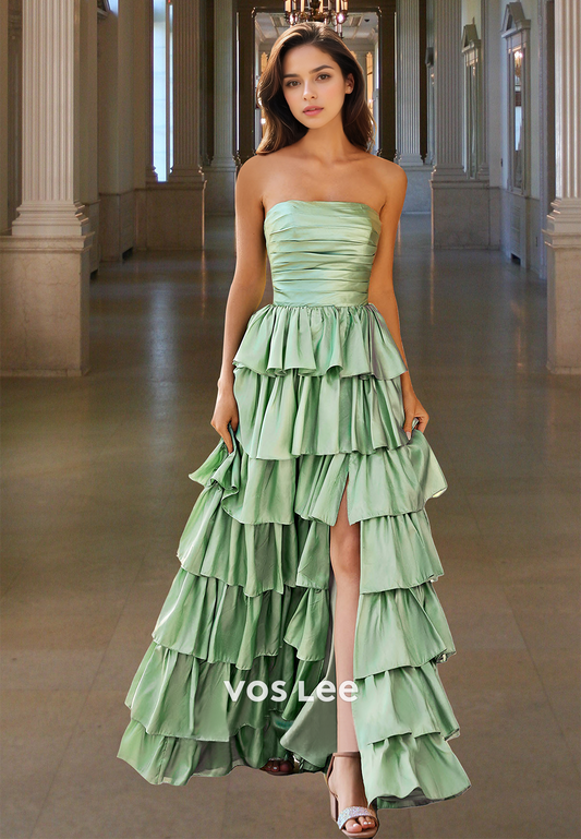 Simple A-Line Strapless Back Zipper Tiered Long Satin Prom Formal Dress