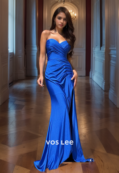 Royal Blue Sweetheart Pleated Prom Dress Strapless Satin Mermaid Party Dresses with High Slit