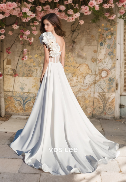 Sweetheart Ruffled One Shoulder Wedding Dress A-Line Sweep Train Elegant Bridal Gown