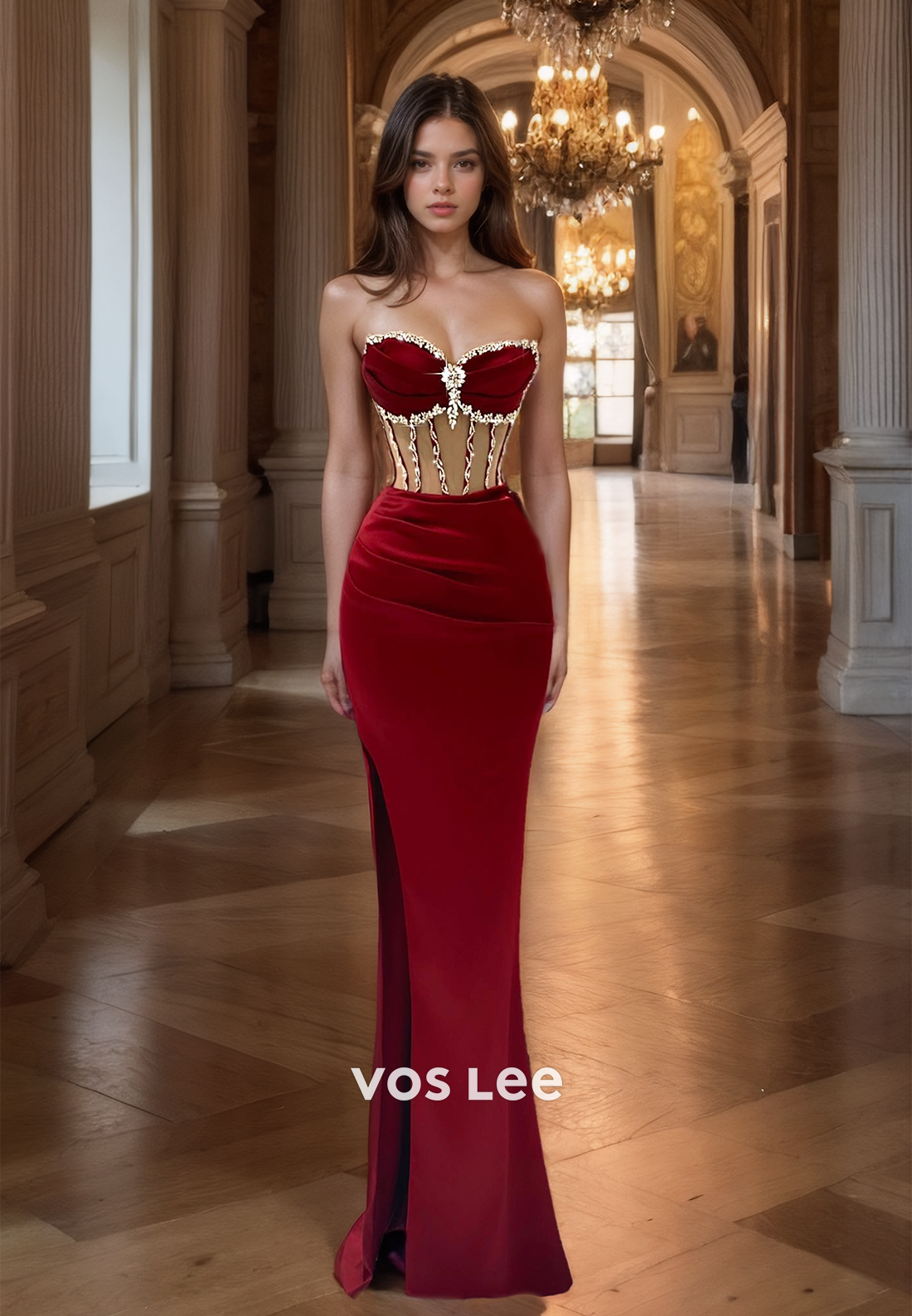 Luxurious Sweetheart Burgundy Satin Prom Dresses Strapless Beads Floor Length Cocktail Dress