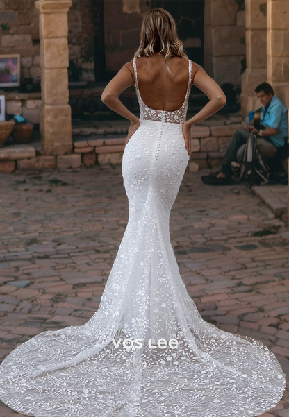 Sweetheart Graceful Lace Mermaid Wedding Dress Button Back Spaghetti Straps Bridal Gown with Long Train