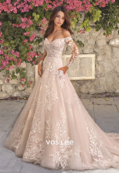 Dreamy A-Line Lace Full Sleeves Wedding Dress Sweetheart Button Back Formal Bridal Gown