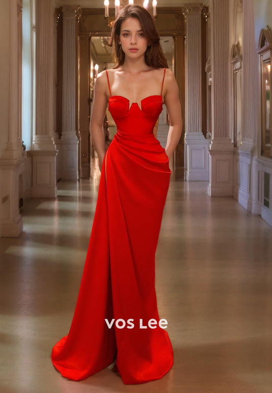 Red Party Dress Elegant Sheath/Column Spaghetti Straps Sweep Train Satin Long Prom Dress