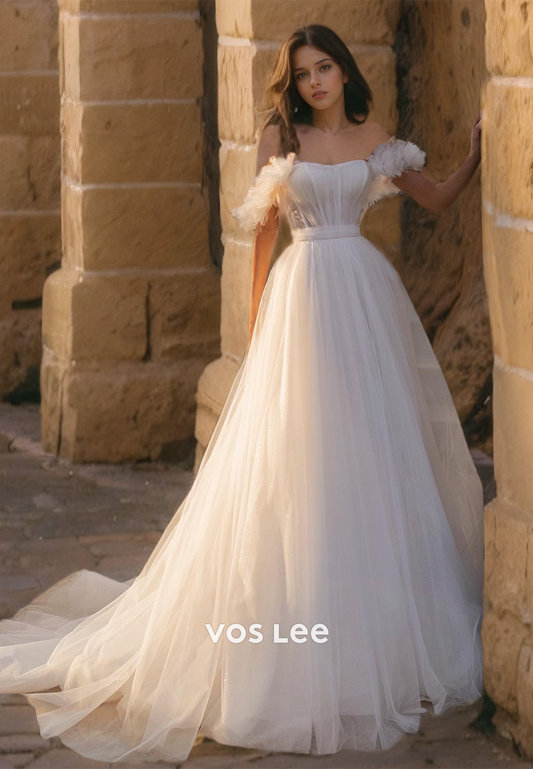 Dreamy Sweetheart Tulle A-Line Wedding Gown Off-Shoulder Long Train Zipper Back Bridal Dresses