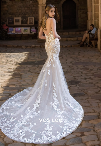 Luxury Deep V Neck Illusion Spaghetti Straps Backless Court Train Tulle Lace Appliques Wedding Dress Glitter