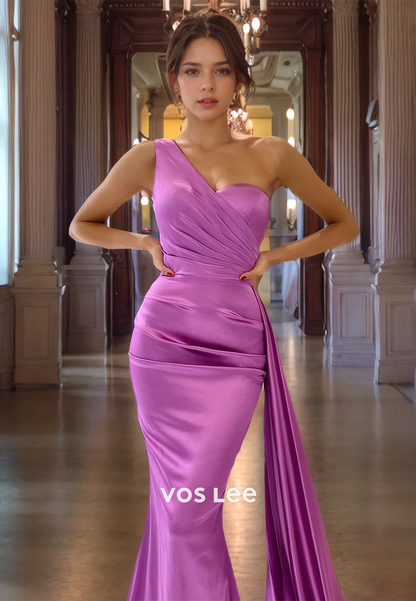 Trumpet/Mermaid One Shoulder Court Train Purple Satin Prom Dress with High Slit