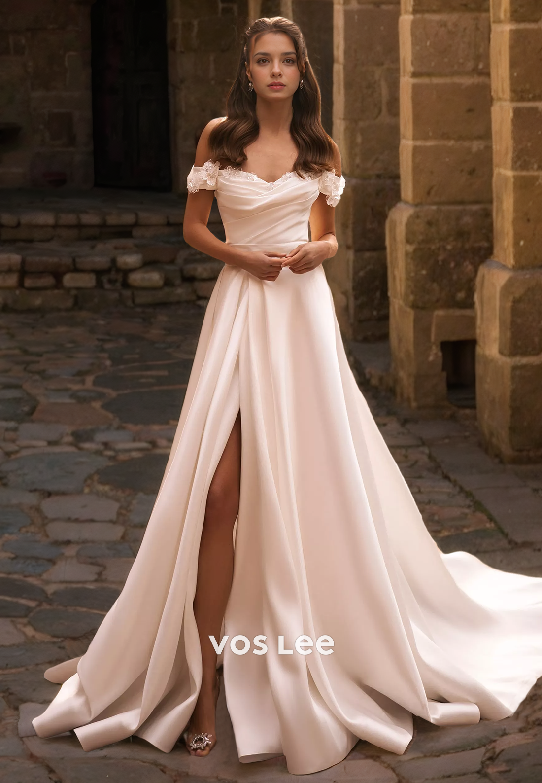 Elegant A-Line Off-shoulder Ruched Satin Wedding Dress with Split