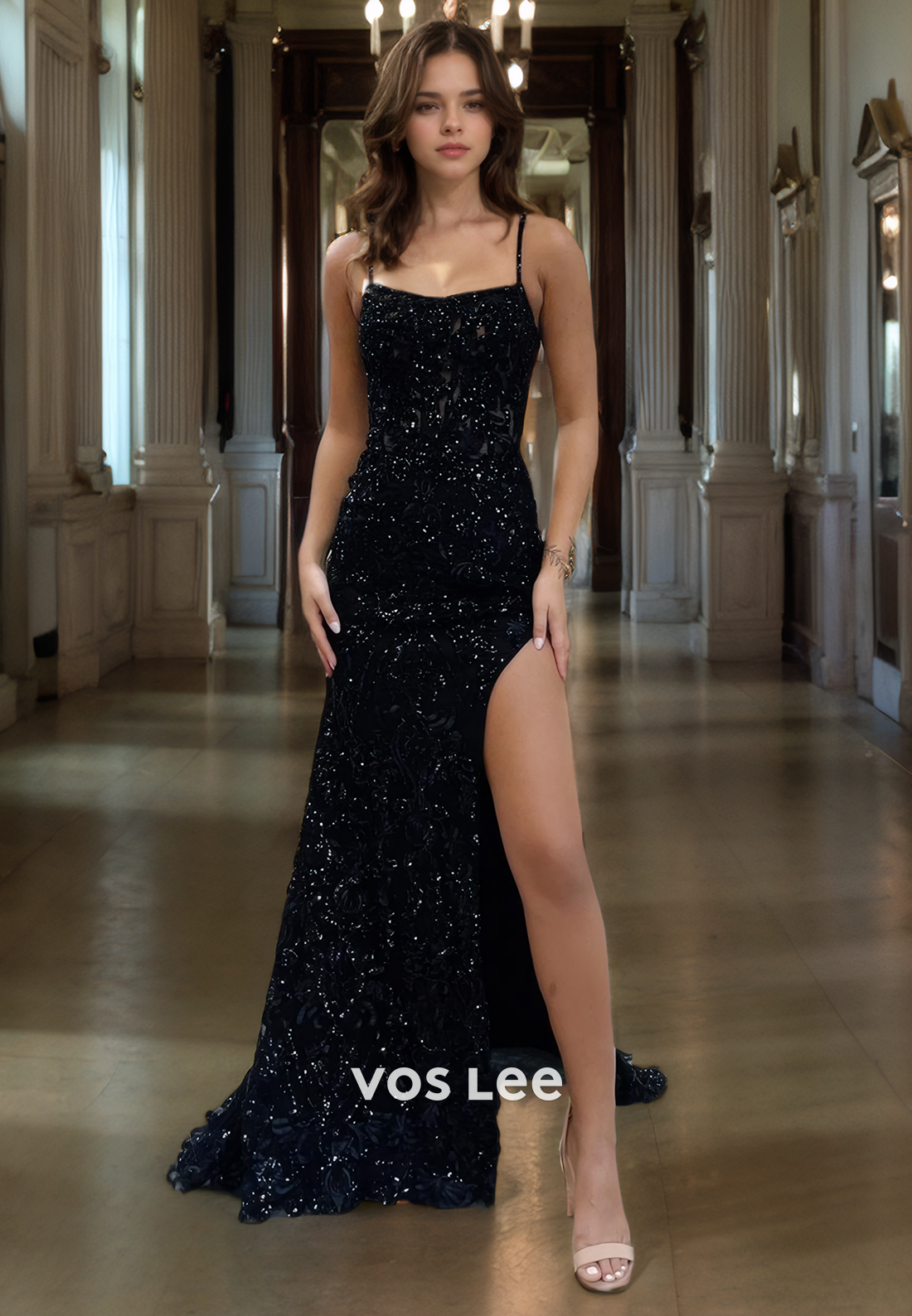 Sparkle&Shine Evening Prom Dress Sheath/Column Square Slit Sequin Black Formal Party Dress