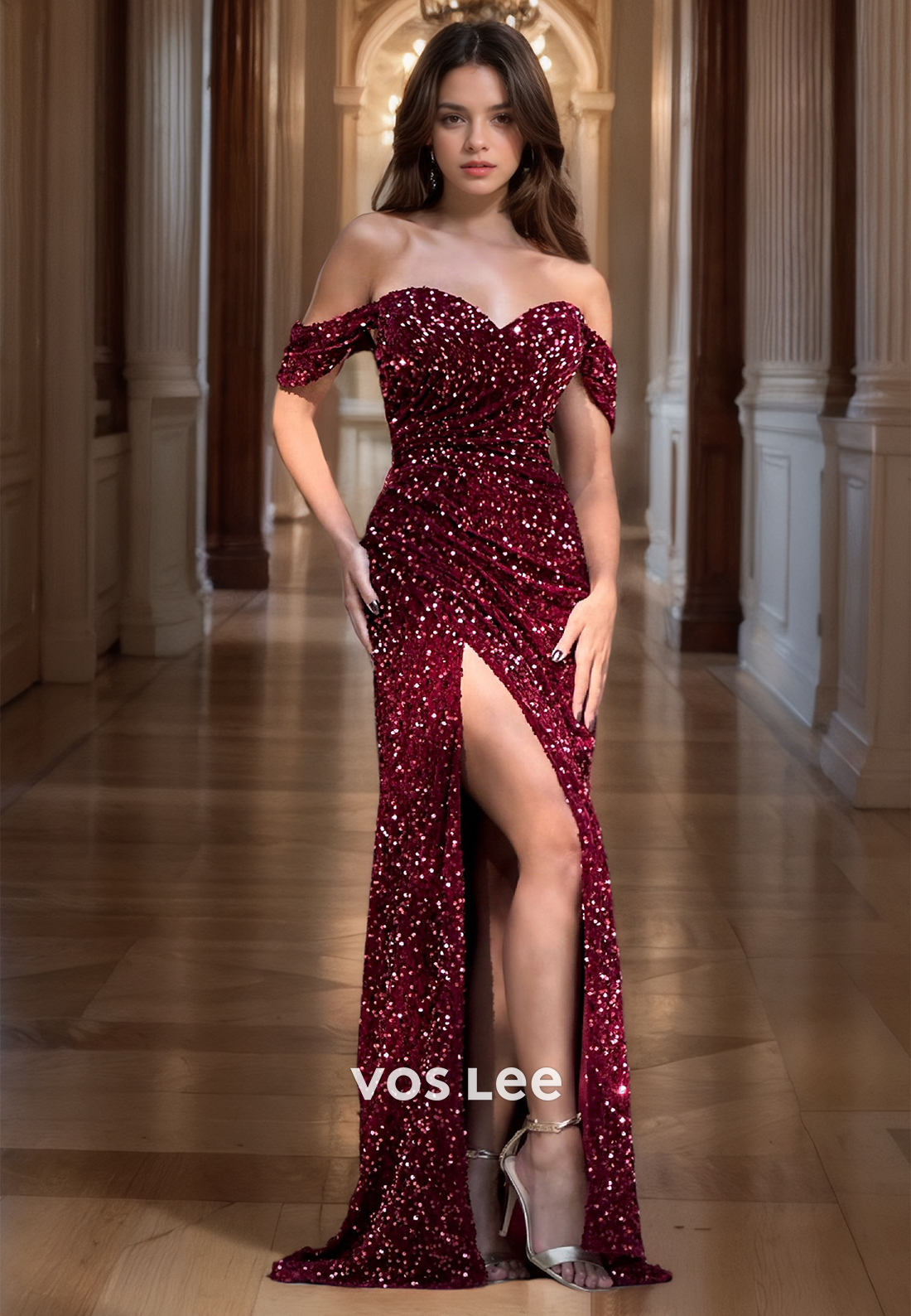 Burgundy Off-Shoulder Sweetheart Quinceanera Dress Sparkly Sequined Long Dresses