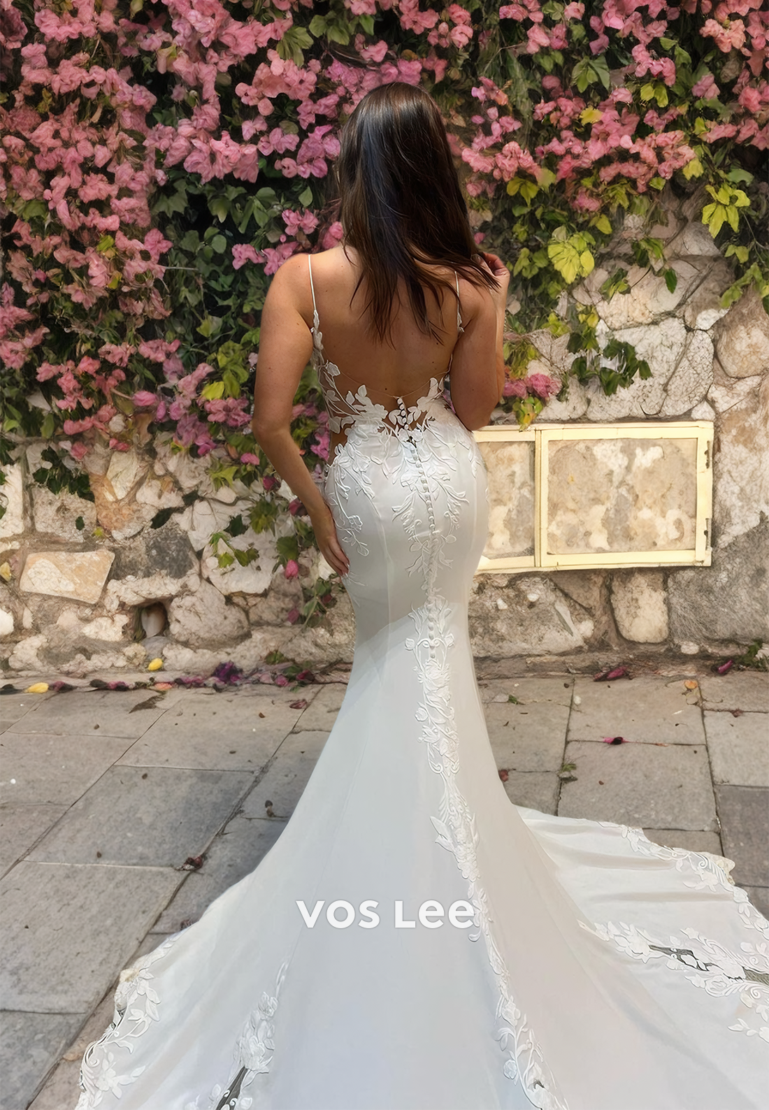 V Neck Backless Lace Formal Wedding Dress Straps Long Train Mermaid Bridal Gowns