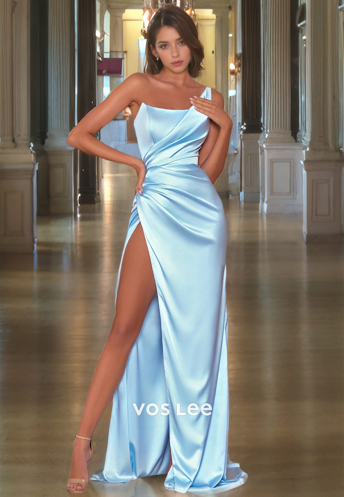 Classy Satin Light Blue Prom Dress One Shoulder Floor Length Evening Party Dresses with Slit