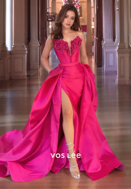 A-line Fuchsia Sweetheart Satin Formal Evening Prom Dresses with Pockets Luxury Detached Train Party Gown