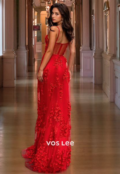 Red Lace Tulle Zipper Back Prom Dress with Spaghetti Straps Classic Sweetheart Quinceanera Dresses