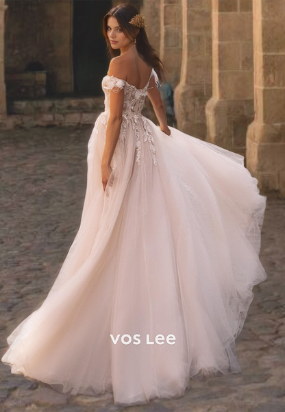 Sweetheart Off-Shoulder Appliqued Wedding Dress Tulle A-Line Zipper Back Bride Gown with Slit