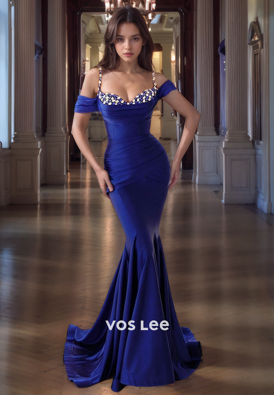 Gorgeous Off-Shoulder Mermaid Formal Evening Prom Gown Royal Blue Satin Beads Satin Quinceanera Dress