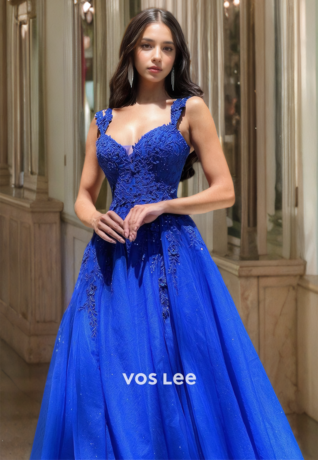 Charming A-Line Royal Blue V Neck Spaghetti Straps Pleated Lace Appliques Tulle Prom Birthday Dress