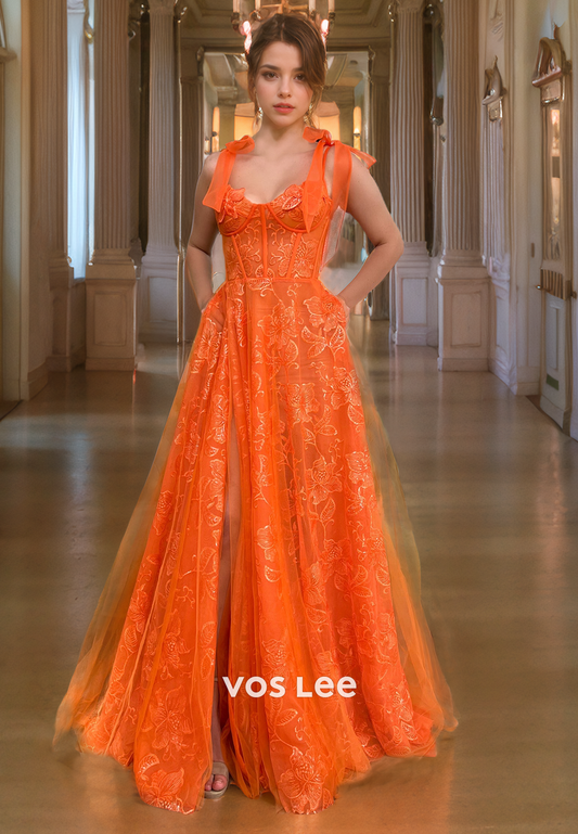 Gorgeous Orange Applique Tulle Formal Party Dress A-Line Spaghetti Straps Long Formal Evening Dress