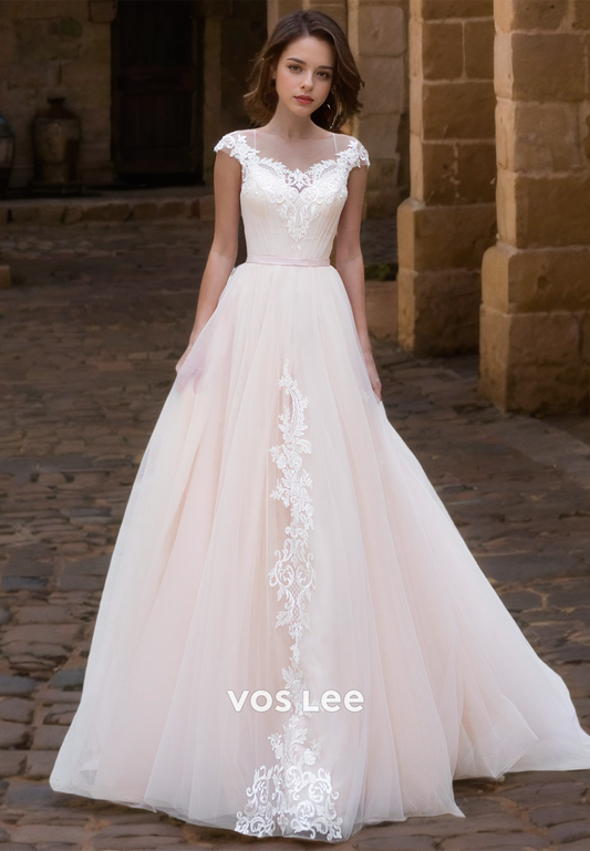 Modest Cap Sleeves V Neck A-Line Lace Appliques Lace Up Tulle Wedding Dress