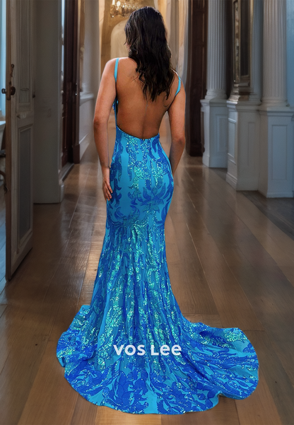 Sparkly V-Neck Spaghetti Straps Formal Prom Dresses Mermaid Luxury Evening Dress