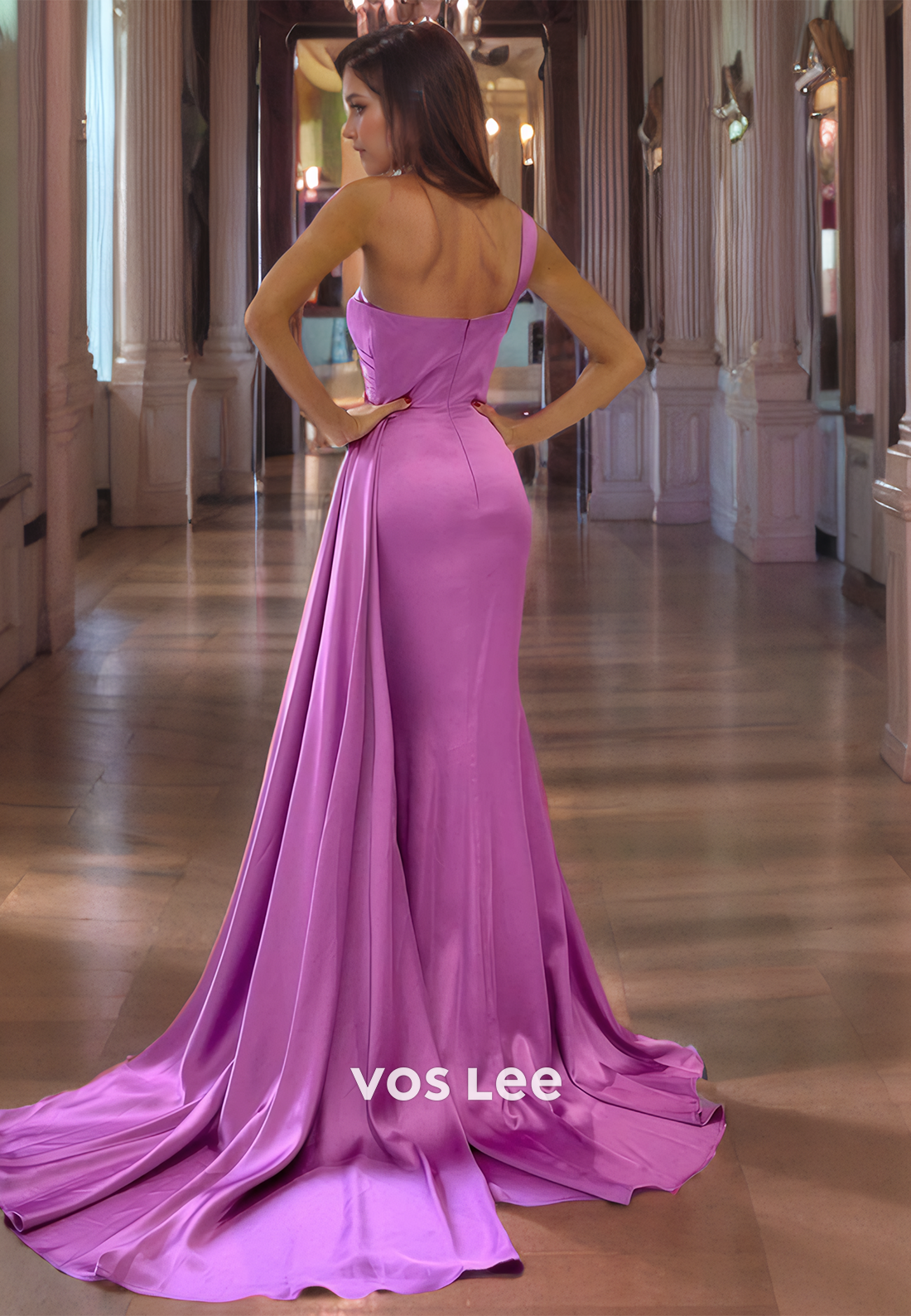 Trumpet/Mermaid One Shoulder Court Train Purple Satin Prom Dress with High Slit