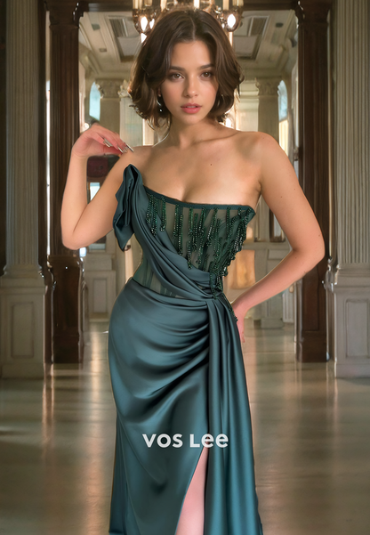 Graceful Satin New Arrival Prom Dress Dark Green Floor Length Strapless Evening Party Dresses