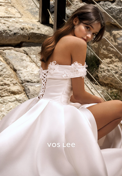 Elegant A-Line Off-shoulder Ruched Satin Wedding Dress with Split