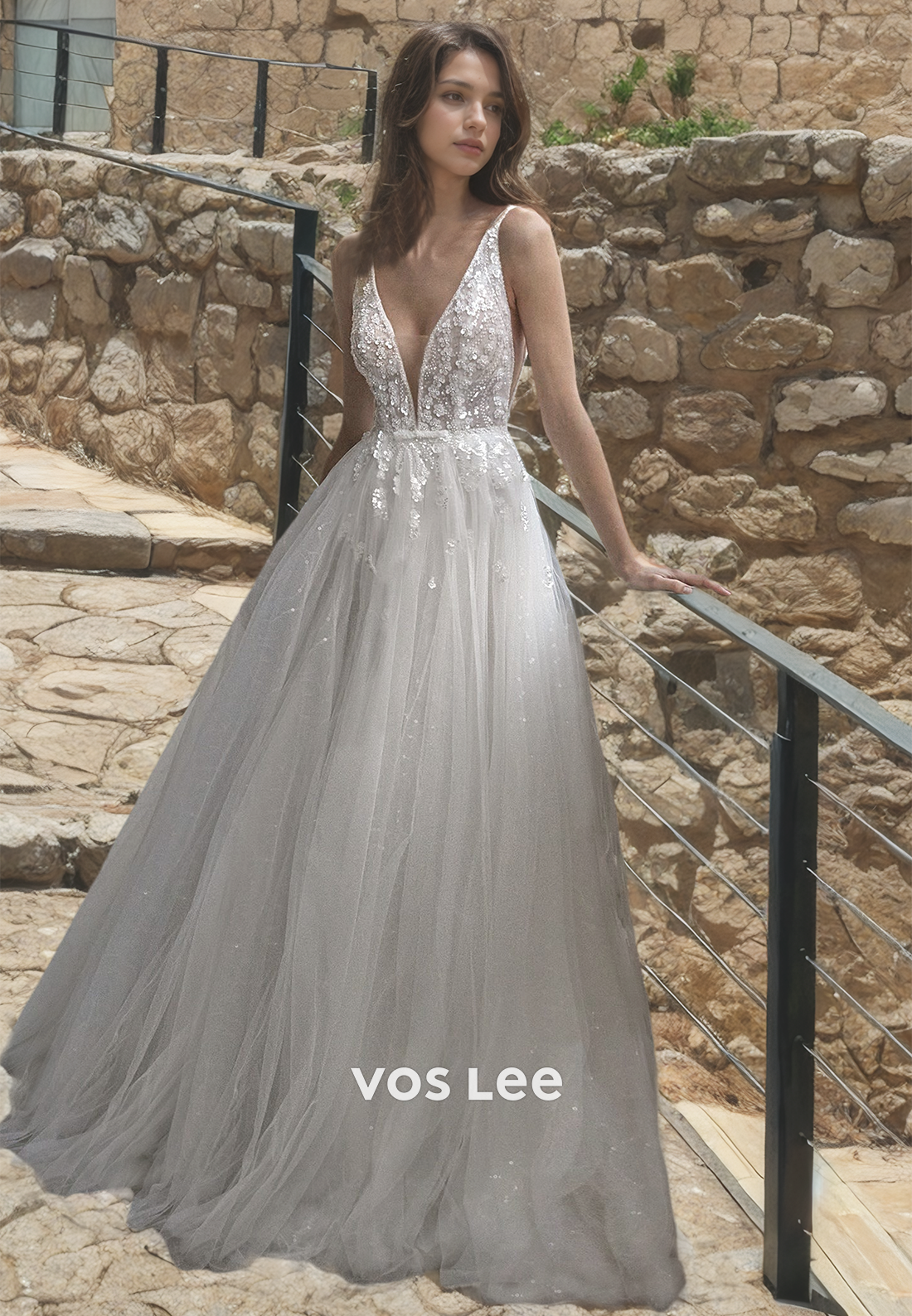 A-Line Deep V Neck Tulle Wedding Dress Spaghetti Straps Long Train Boho Princess Dress