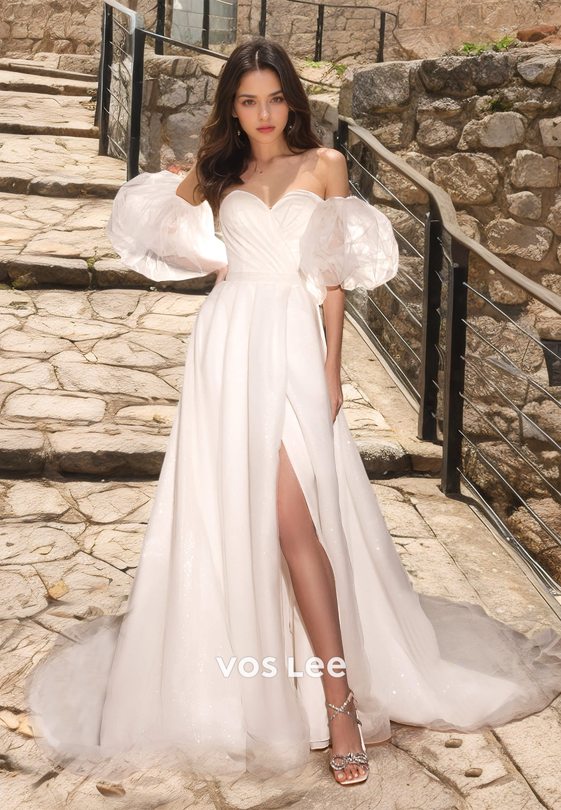 Fancy A-Line Sweetheart Formal Wedding Dress Off-Shoulder Floor Length Wedding Gown with Lace Up