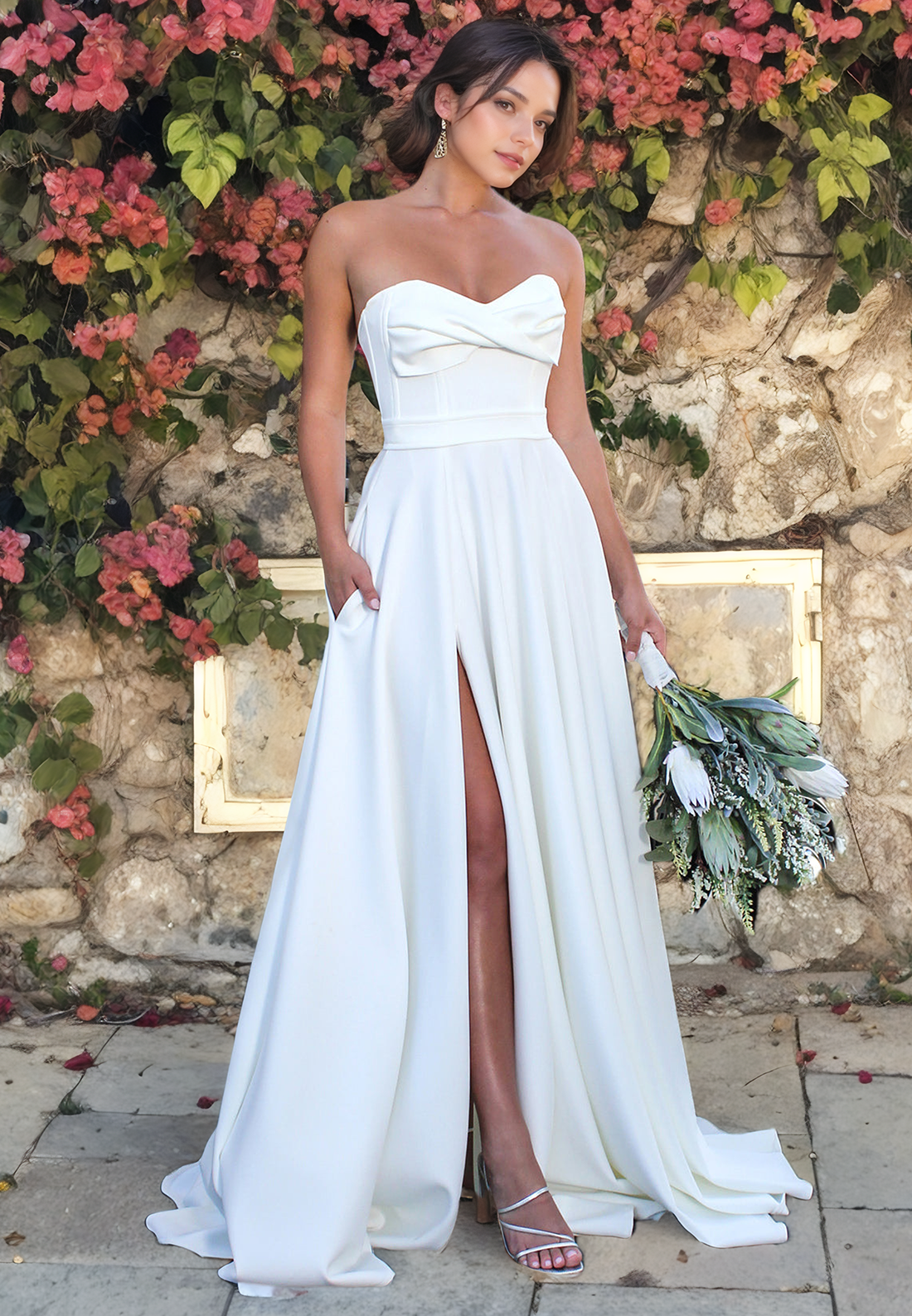 Minimalist Strapless Sweetheart High Slit A-Line Pleated Satin Wedding Dress Sweep Train