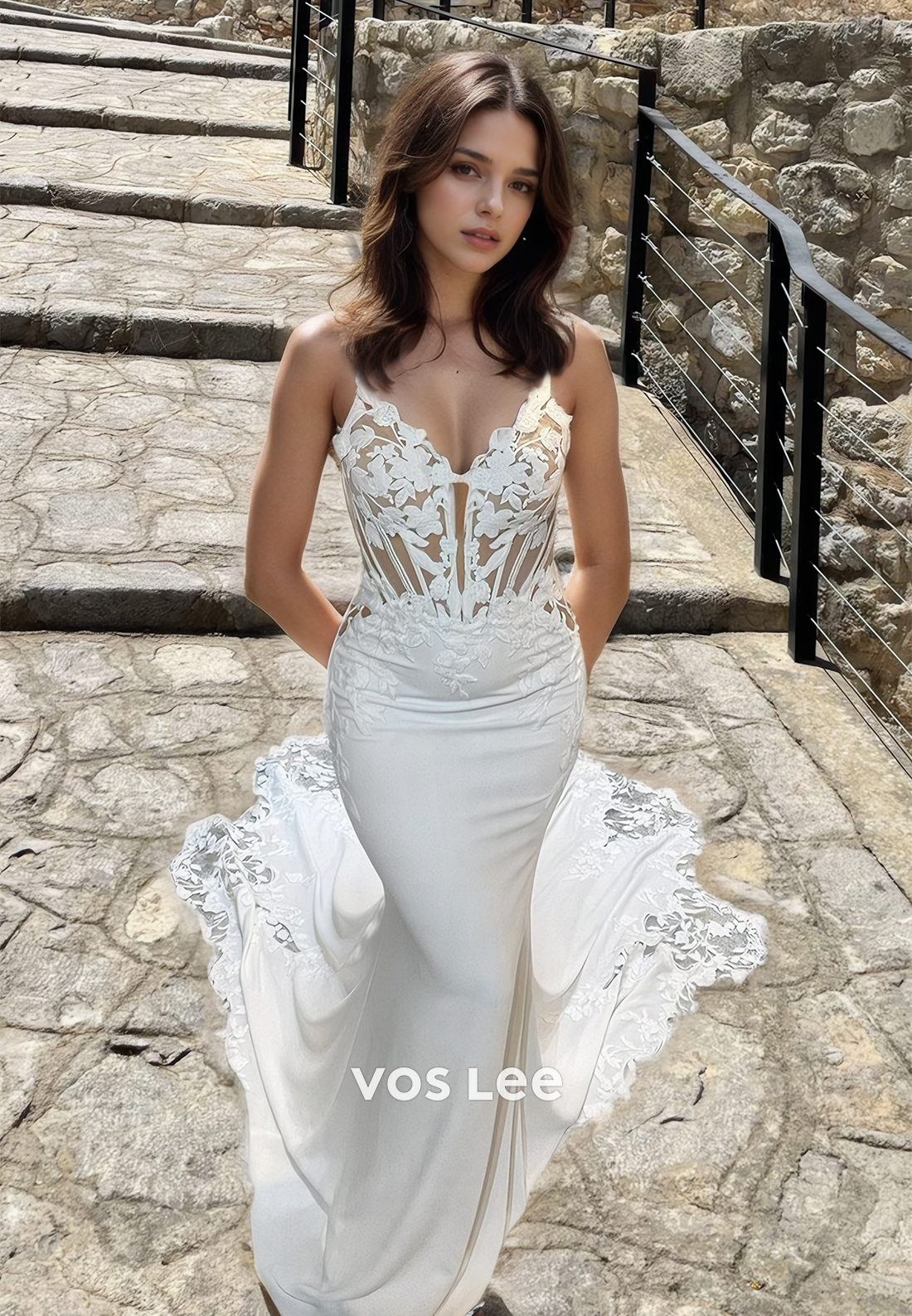 V Neck Backless Lace Formal Wedding Dress Straps Long Train Mermaid Bridal Gowns