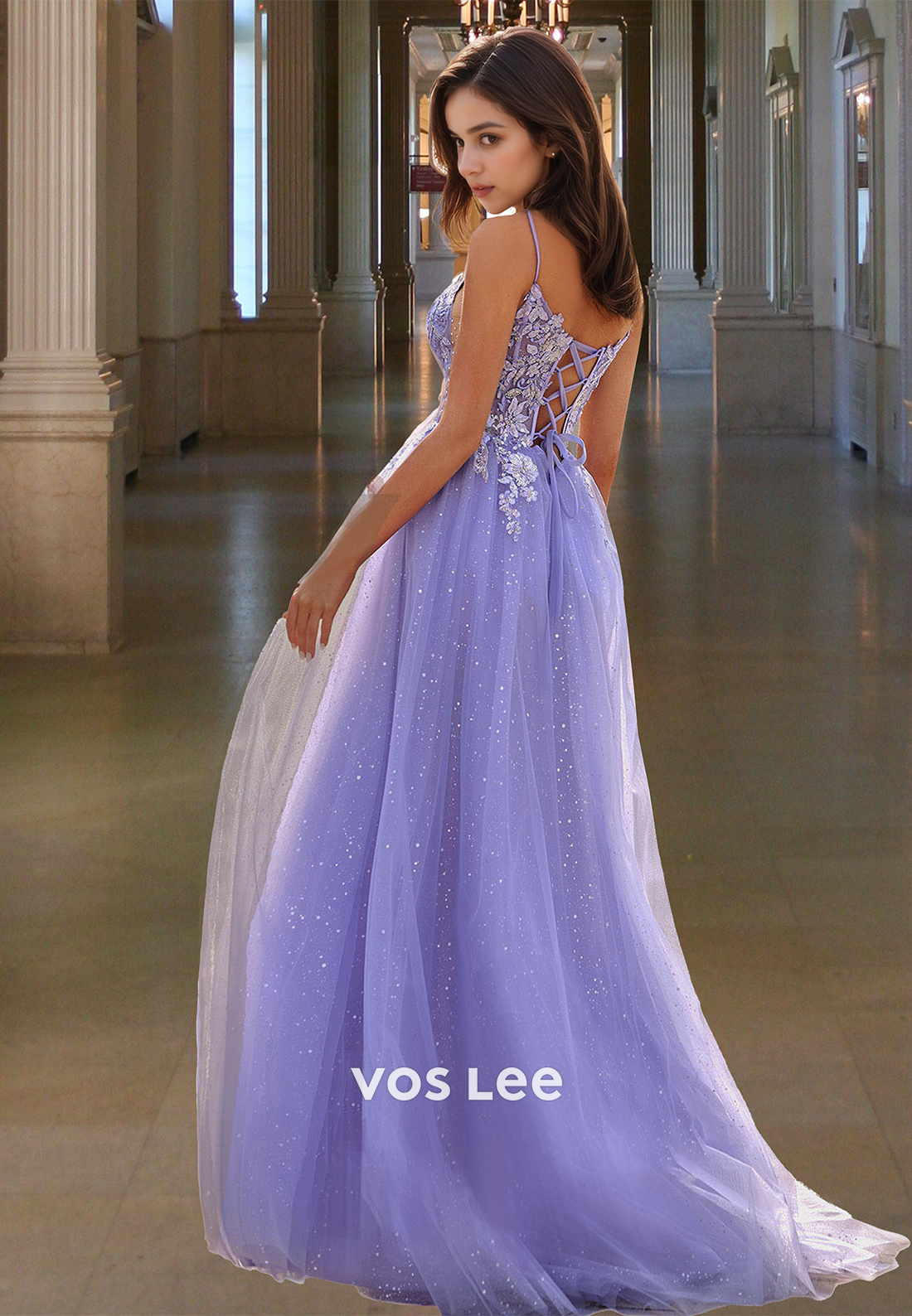 Sparkly A-Line V Neck Illusion Lace Up Appliques Pleated Prom Pageant Dress Glitter