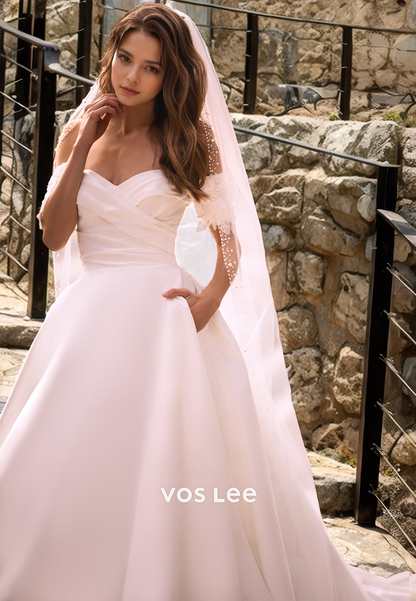 A-Line Off-Shoulder Charming Sleeveless Satin Wedding Dress