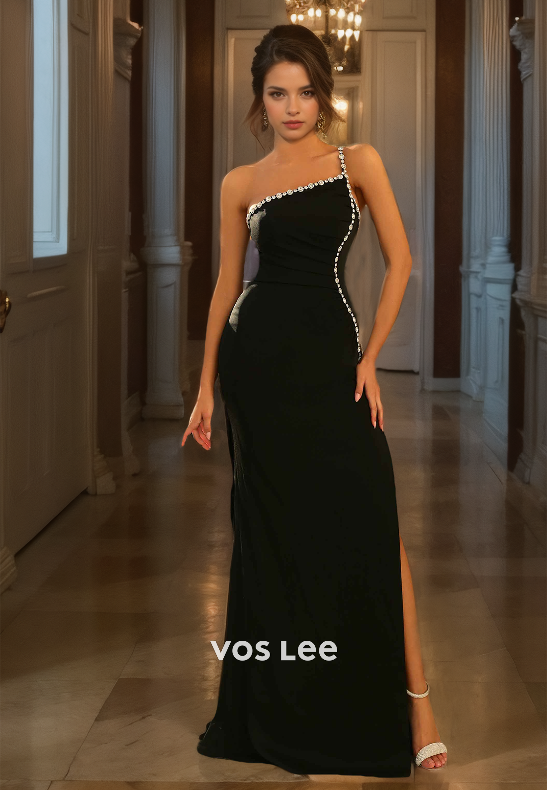 Elegant Side Slit Night Party Dress One Shoulder Beads Floor Length Prom Dress