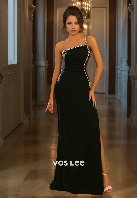 Elegant Side Slit Night Party Dress One Shoulder Beads Floor Length Prom Dress