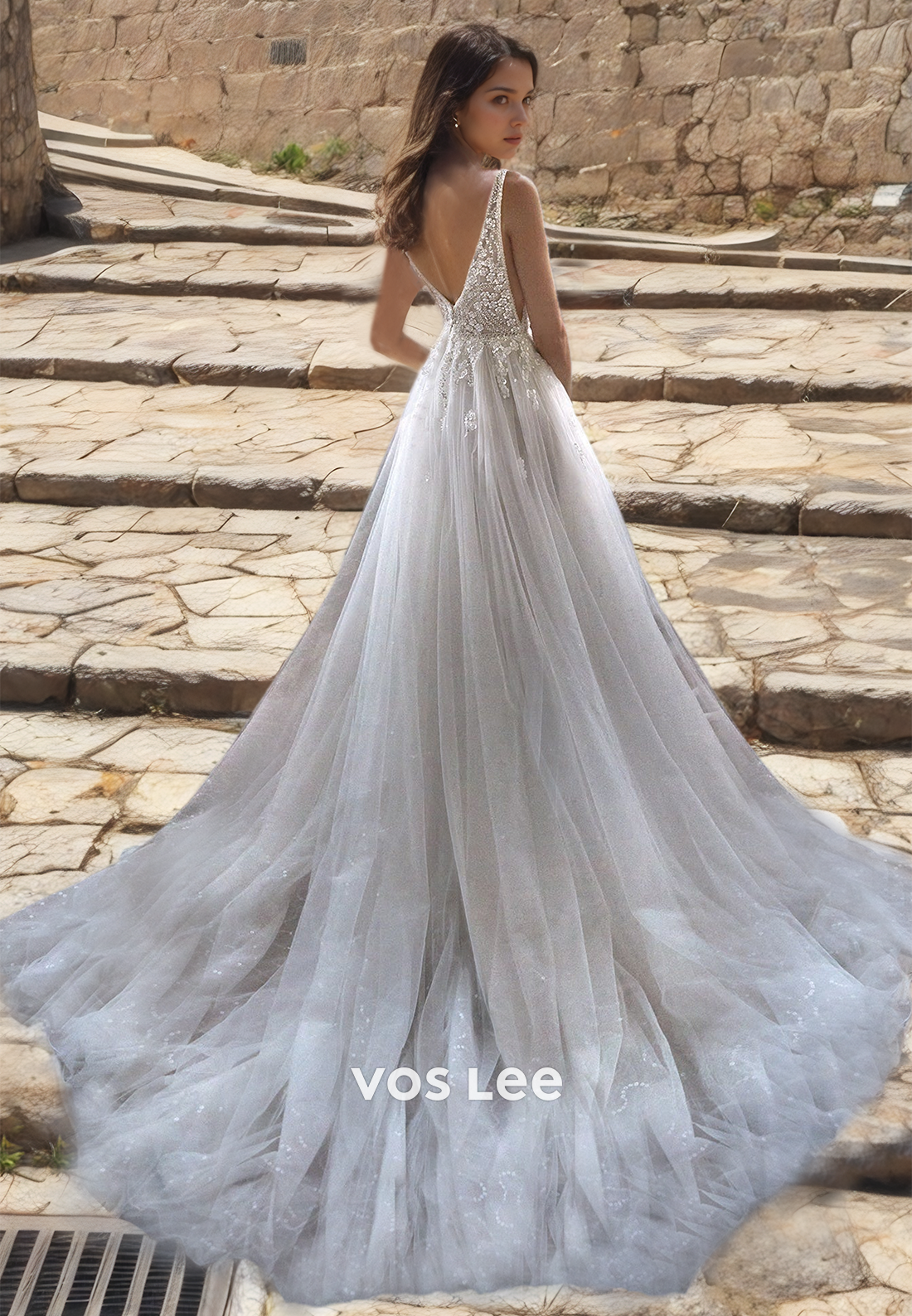 A-Line Deep V Neck Tulle Wedding Dress Spaghetti Straps Long Train Boho Princess Dress