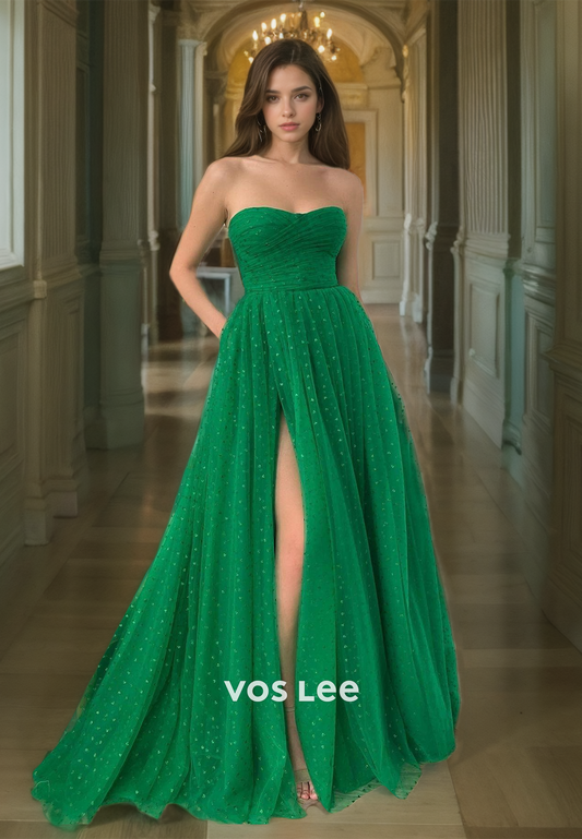 A-Line Tulle Polka Dot Green Quinceanera Dress Sweetheart Strapless Elegant Prom Dresses