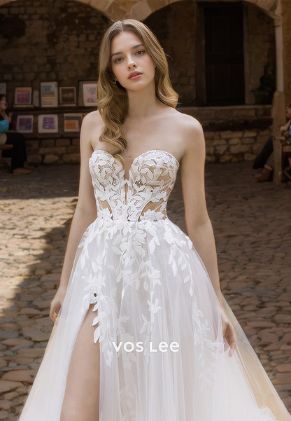 Elegant A-Line Off Shoulder Lace Appliques High Split Backless Tulle Wedding Dress