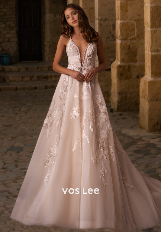 A-Line Deep V-Neck Lace Appliques Beaded Long Tulle Wedding Dress