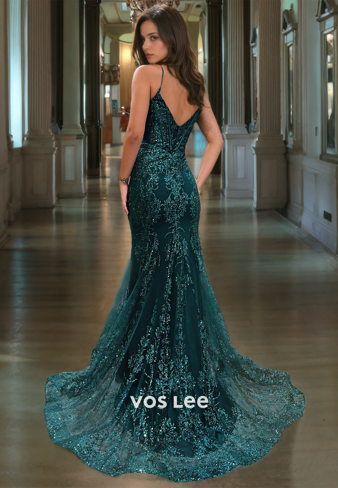 Sparkly Dark Green V-Neck Mermaid Prom Dress Zipper Back Sweep Train Club Night Gown with Spaghetti Straps