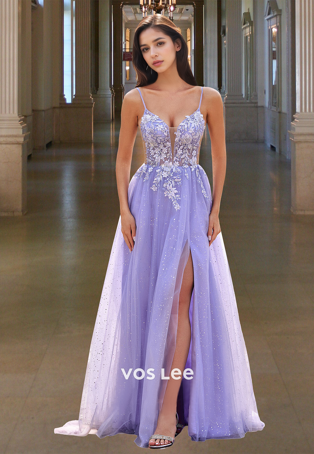 Sparkly A-Line V Neck Illusion Lace Up Appliques Pleated Prom Pageant Dress Glitter