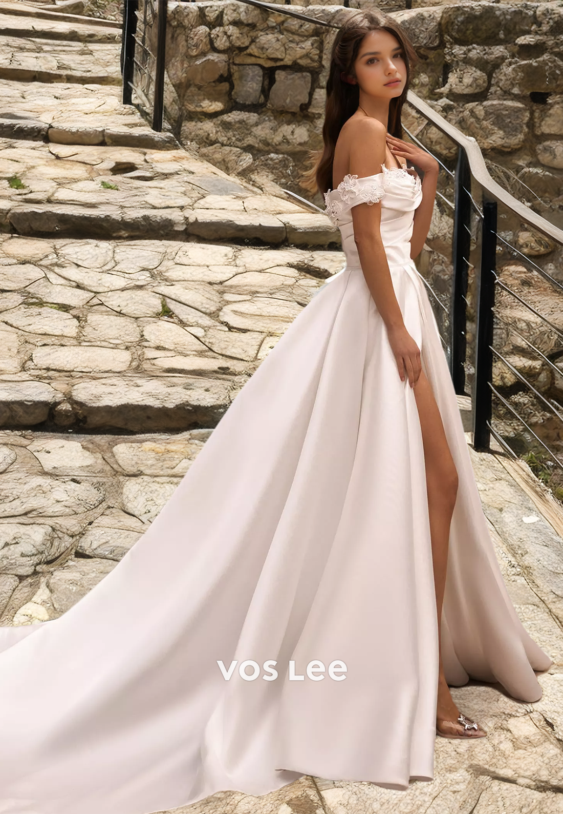 Elegant A-Line Off-shoulder Ruched Satin Wedding Dress with Split