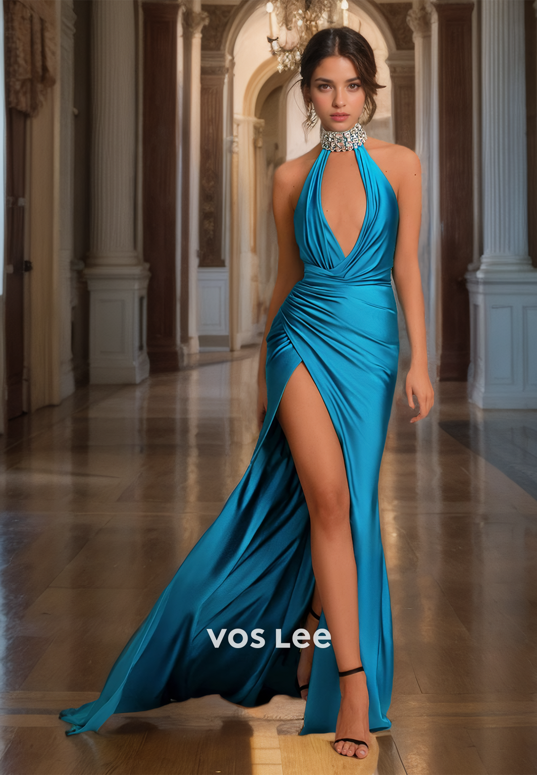 Sexy Strapless High Neck Prom Dress Deep V-neck Satin Pageant Dresses with High Split