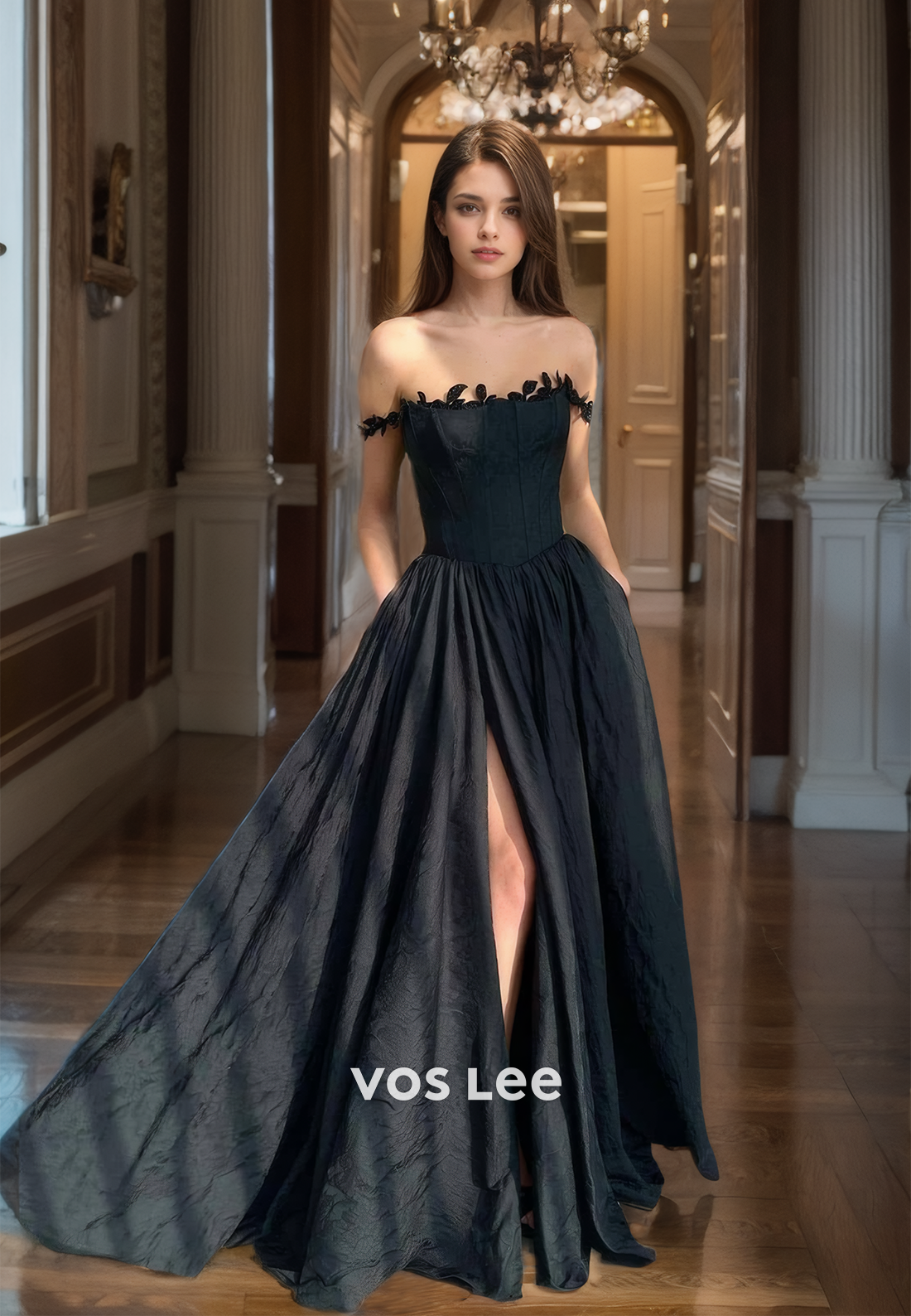 A-Line Black Spaghetti Straps Prom Dresses Elegant Floor Length Quinceanera Dress with High Slit