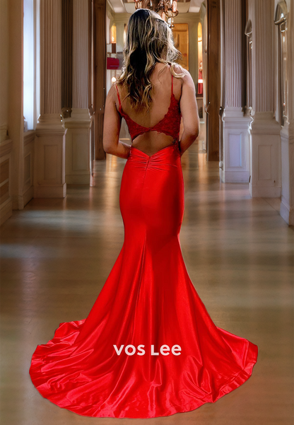 Luxury V-Neck Mermaid Formal Prom Dresses Backless Satin Evening Dress with Spaghetti Straps